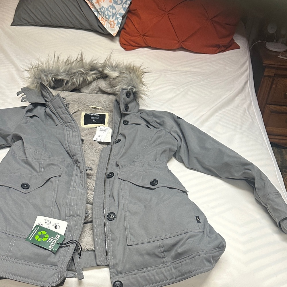 Hollister Gray Hooded Jacket with Fur Trim